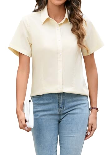Stamain Camisa Manga Corta Mujer Formal Beige Elegante Blusa de Botónl Entallado Oficina Color Sólido S