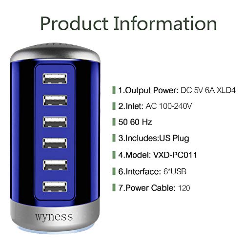 6 Ports Desktop Charging Station USB Hub Wall Charger with QC 2.1,Compatible for Smart Phones, Tablets, and Other Electronics (Blue)