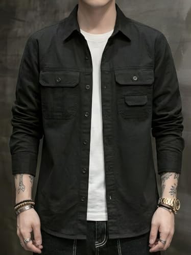 Image of SMOWKLY Men's Casual Shirt Jacket for Men | Lightweight 100% Cotton Overshirt | Full Sleeve Utility Shacket with Pockets | Stylish for Everyday Wear | Full Sleeve Button Down Shirt
