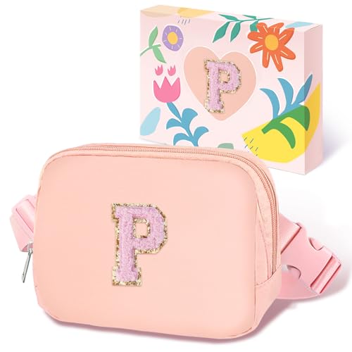 Image of COSHAYSOO Valentines Birthday Initial Gifts for Teen Girls 5 6 7 8 9 10 11 12 13 14 Year Old Pink Fanny Pack for Girls Belt Bag Crossbody Travel Purse Unique Trendy Girly Stuff Chenille Letter P