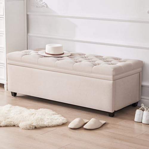 Mangodan 50" Storage Ottoman Bench, Tufted Ottoman with Storage for Living Room, Large End of Bed Ottomans, Modern Entryway Benchs, Window & Bedroom Benches for Foot of Bed (Beige) - Thumbnail 7