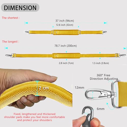 Image of ZINZ 79 inch Shoulder Strap, Extra-Thick Fixed Cushion Pad and Dual Clasps Universal Replacement Strap with Metal Swivel Hooks for Laptop Bags, Luggage Bags, Camera, Crossbody (200cm,Yellow)
