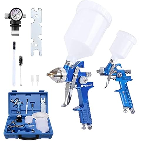 Voilamart 2 Set HVLP Gravity Feed Spray Gun Set with 600CC 125CC Cup Paint Sprayer Airbrush Painting Tool Kit with Copper Nozzle 1.4MM 0.8MM Cover