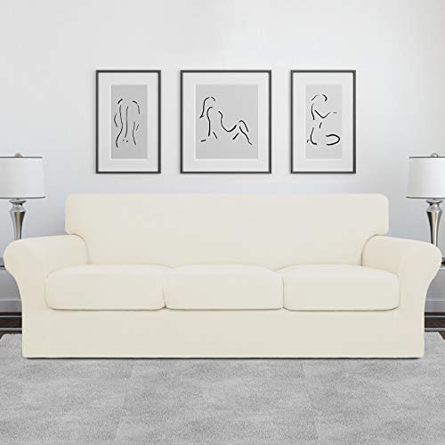 Image of Easy-Going 4 Pieces Stretch Sofa Cover for 3 Cushion Couch Washable | Sofa Slipcover for Stretch 3 Separate Sectional Cushion Couch - Furniture Protector for Pets, Kids Beige