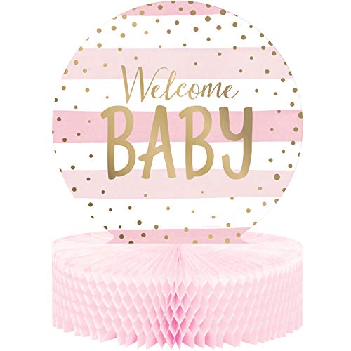 Centre de table nid d'abeille rose et doré pour décoration de baby shower réussie