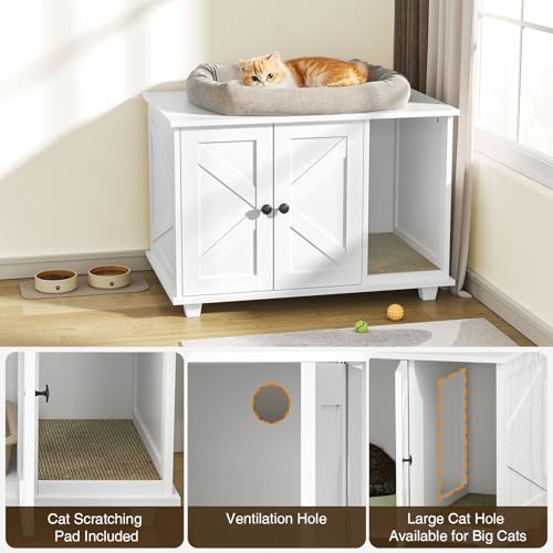 Image of Giluta Cat Litter Box Enclosure,Hidden Litter Box Furniture Cabinet with Scratching Pad,Wooden Pet House Side End Table for Living Room Washroom,31.5 x 20.5 x 21.6 Inches (White)
