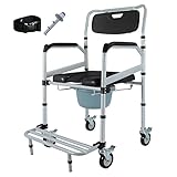 Toiletstoel met wielen, Rolling Postoel met emmer, Opvouwbare toiletcommode met 4 remwielen, Transportstoel met armen/voetsteun