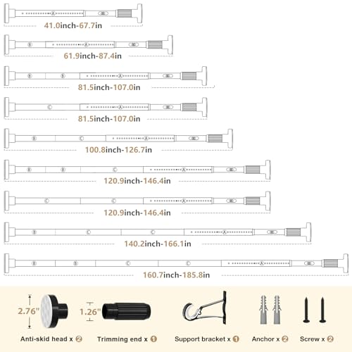 Image of Black Tension Curtain Rod 41-185In(4-15Ft), Extra Long Outdoor Curtain Rod No Drilling for Window or Patio, Shower Curtain Rod for Bathroom,Rod Diameter 1.26In-One-bond stretching
