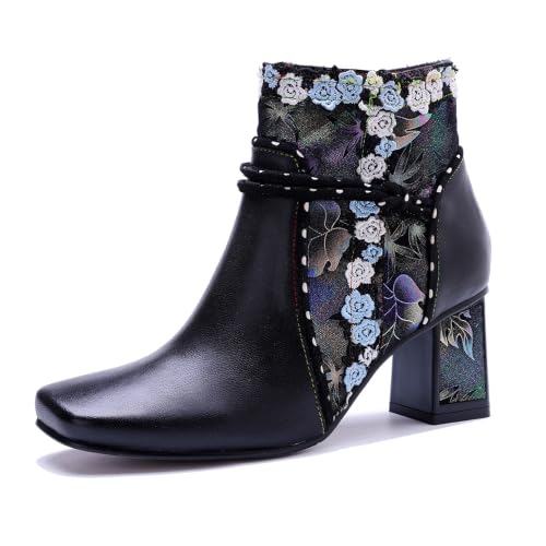 Bottines à talons carrés peints à la main pour femme en cuir artisanal unique