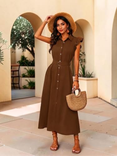 Image of OOMPH! Women's Shirt Midi Dress | Ruffle Sleeves | Button-Down Front | Waist Belt Detail | Collared Neck Casual & Vacation Dress