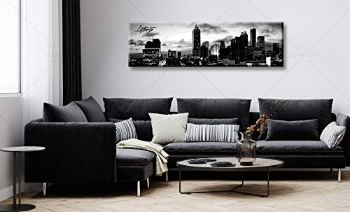 Image of DJSYLIFE Atlanta Skyline Wall Art Cityscape Picture Decor 13.8 inchx47.3 inch | Black and White Canvas Print, City Building Panoramic,Night View Modern Decoration,Office Study Bedroom Home Decorations