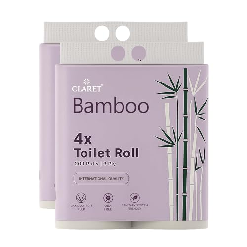 Image of Claret Bamboo 3-Ply Toilet Roll (10 x 10 cm) | 200 Pulls Eco-Friendly | 4 Toilet Rolls in 1 Pack | OBA Free | Natural Bamboo Pulp (Pack Of 2 (8 Rolls))