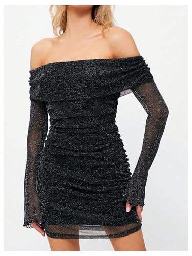 Image of GORGLITTER Women's Off The Shoulder Mesh Mini Dress Long Sleeve Y2K Sexy Ruched Bodycon Birthday Club Party Dresses