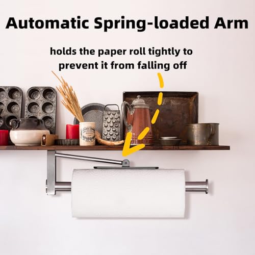 Image of Upgraded Kitchen Paper Towel Holder - One-Hand Tear Under Cabinet Stick-on Towel Rack for Hanging Paper - First Apartment Essentials Wall Mount Self Adhesive Stainless Steel Rack Fits