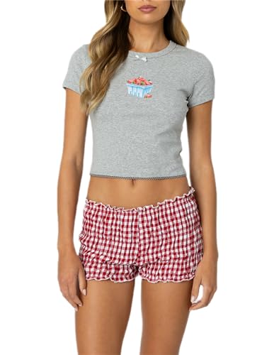 Image of Yuemengxuan Women Y2k Ruffle Shorts Ruched Plaid Shorts Micro Shorts Pajama Bottoms Y2k Cute Fairy Lace Edge Pettipants