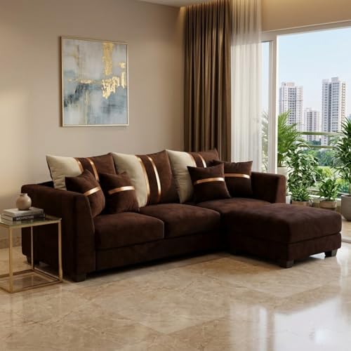 Image of Vero 4 Seater L Shape Sofa Set with Movable Ottoman | Flexible Left or Right Layout | Luxury Velvet Suede Fabric | Modern Living Room Sofa | Dark Brown