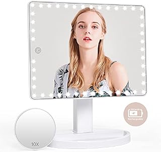 Large Lighted Makeup Vanity Mirror with 45 LED Lights, Rechargeable Lithium Battery Light Up Mirror, 10X Magnification Touch Screen, 360° Rotation Portable Tabletop Cosmetic illuminated Mirror