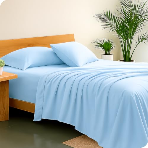 Image of Luxury Cotton Bedsheets - Double Size 90 x 100 Inches - Soft, Lightweight & Wrinkle-Free - Includes 2 Pillow Covers - Light Blue