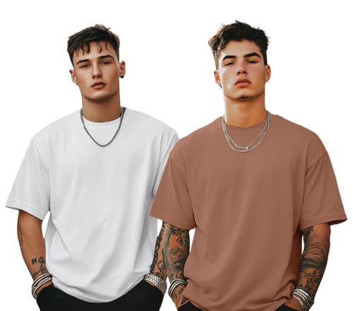 Image of Veirdo Solid Oversized 100% Pure Cotton Combo T-Shirt for Men & Boys (Half Sleeves, Round Neck, Drop Shoulder, Baggy Fit, Pack of 2, Available in S to 2XL