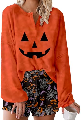 Image of Roshop Halloween Pajama Women's Pumpkin Matching Top & Shorts Loungewear Set