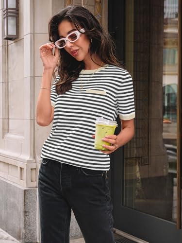 LILLUSORY Womens Striped Short Sleeve Sweater Pullover Shirts with Chest Pocket3