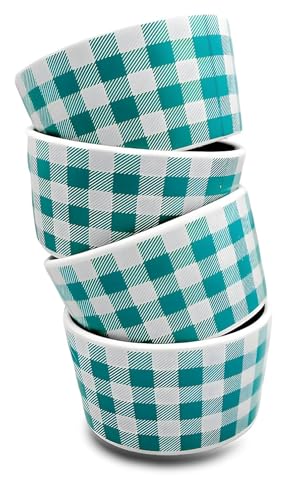 Freedom Farms Fall Harvest Ramekins Set of 4, 5.25 oz Ceramic Baking Bowls for Creme Brulee Dishes, Mini Cheesecakes, Dipping Sauce Bowls (Turquoise/White Buffalo)
