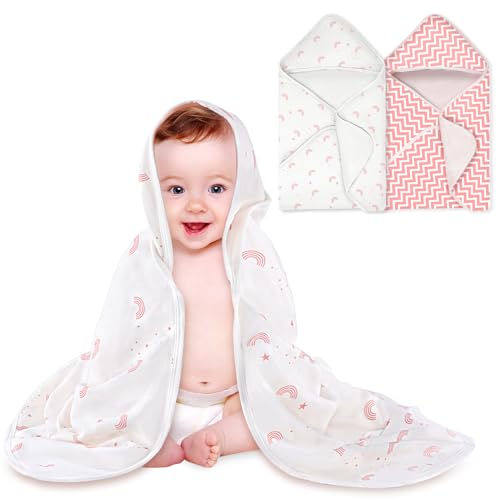 Image of BabyAlly Baby Towels 2 Pack,Hooded Baby Towels Set,Baby Infant Bath Towels with Hood,Soft and Absorbent Nursery Towel,Large 28x28Inch,Newborn Essential(Rainbow & Pink Stripes)