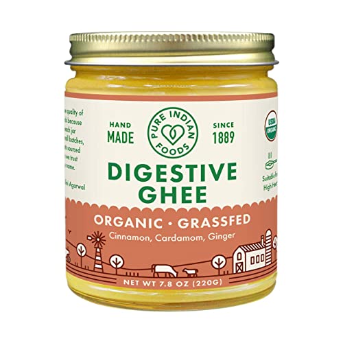 Pure Indian Foods Organic Digestive Ghee, 7.8 oz, Clarified Butter, Pasture Raised Grassfed, Non-GMO, Gluten Free, Made in USA, Paleo & Keto Friendly