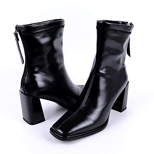 LEHOOR Women's Chunky Heel Ankle Boots Square Toe Back Zipper Patent Leather Mid Calf Booties High Block Heel Dress Mid Boots Casual Cute Winter Warm 4-11 M US2