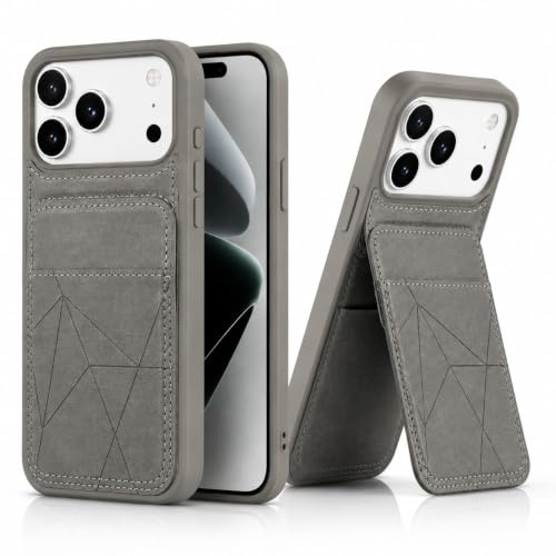 Image of amazon basics Premium Vegan Leather Back Cover with Card Holder and Integrated Mobile Stand for iPhone 17 Pro Max - Slim Shockproof Wallet Case with Geometric Stitching [Gray]