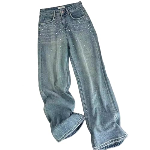 Rhinestone Jeans Men Y2k Star Studded Baggy Jeans Men Washed Vintage Wide Leg Denim Pants Loose Fit