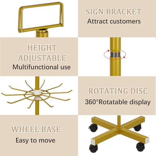 Image of Retail Display Stand 5 Tier Metal Spinning Display Rack with Wheels Keychain Jewelry Stocking Hat Display Stand with Hooks for Malls, Showroom, Retail Store (Gold)