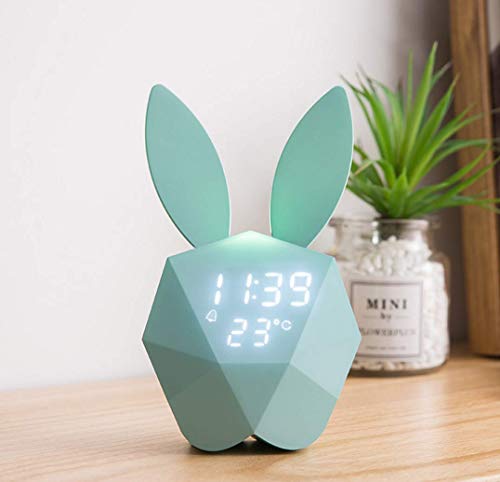 Preisvergleich Produktbild Lanlan Ting Mimi Kaninchen Wecker Nachtlicht Sprachsteuerung Ton Zeit Temperatur Digitalanzeige Cartoon Uhr Hasenuhr Kinder (Green)