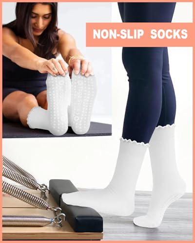 Image of Aoliks White Pilates Grip Socks for Women, Ruffle Yoga Crew Socks for Barre Hospital Sticky Slipper Socks
