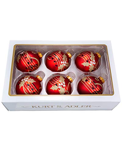 Kurt Adler 80 Mm Red with Music Notes Glitters Balls 6 Pieces, Christmas