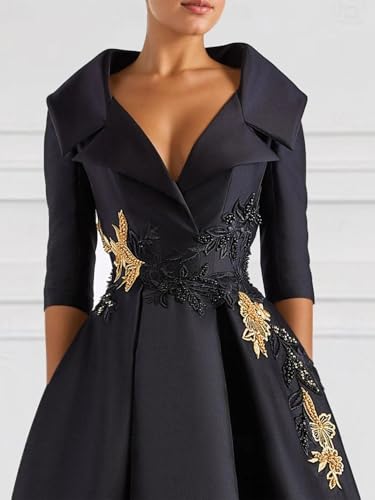 A Line Evening Dress Formal Wedding Guest Dress Satin V Neck Long Sleeve Floor Length with Beading Appliques 20244