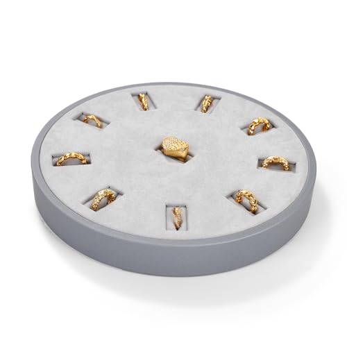 10Slots Ring Tray Round Holder Display PU Leather Earring Organizer Display Jewelry Tray Microfiber Interior Jewelry Organizer Tray(Grey)