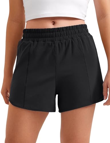 CRZ YOGA Girls Athletic Shorts with Zipper Pocket, Lightweight Running Shorts for Teen Girls Kids Liner Black Small