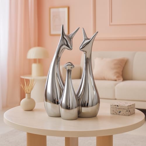 Image of Xtore Home Decor Lucky Silver Deer Statue Family Piano Finish Ceramic Figures - (Set of 3, Silver Set)