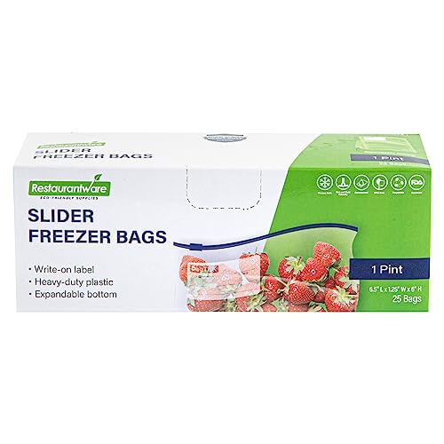 Image of Restaurantware Bag Tek 1 Pint Freezer Slider Bags 25 Disposable Zipper Pouch Bags - Slide Zipper Expandable Bottom Clear Plastic Freezer Bags With Write-On-Label For Food Storage (Pack of 4)