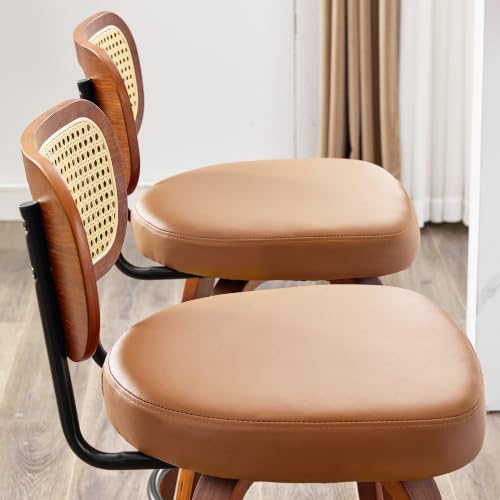 Image of KEEZY Natural Rattan Bar Stools Set of 2,Upholstered PU Leather, 30''Counter Height Barstools with Back and Wood Legs,360Swivel,Mid-Century Modern Bar Stool for Kitchen Island Dining Room and Bar