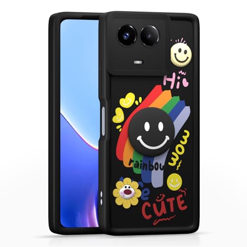 Image of Pikkme Back Cover for Realme 11 / 11X 5G / Narzo 60X 5G | Soft Silicone| Cute Rainbow Smile & 3D Cartoon Flower Design | Shockproof Raised Camera Protection Bumper Case (Black)