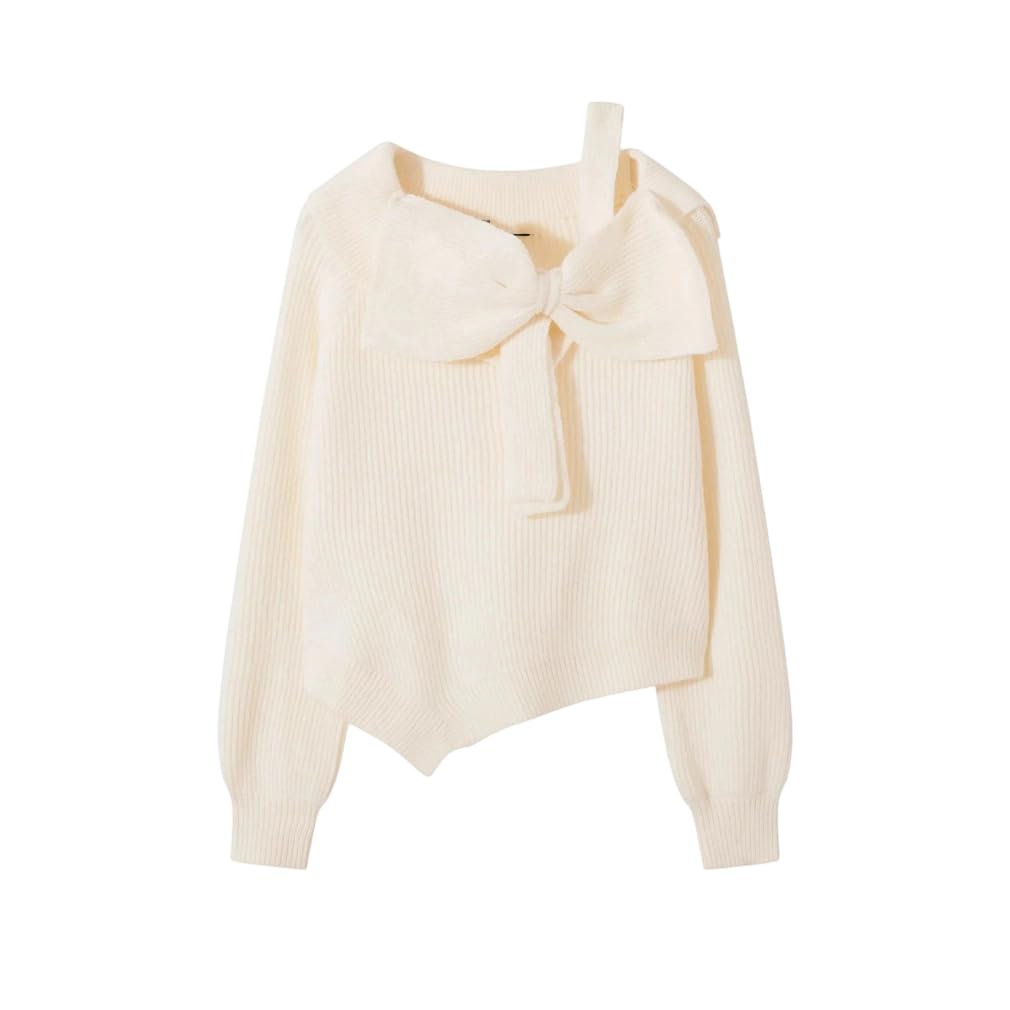 Womens Vintage Loose Fit Off Shoulder V Neck Solid Color Crew Neck Bow Sweater