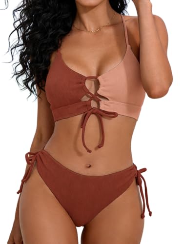 Image of B2prity Tie Bikini Top Set Sexy Push Up 2 Piece Swimsuit Color Block Bathing Suit Full Coverage Swimwear for Curvy Women