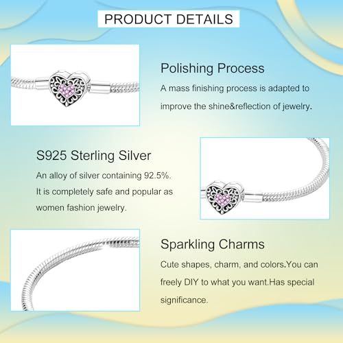 PARCOM Snake Chain Charm Bracelets for 925 Sterling Silver Heart Clasp Fits Any Charm 17cm - Thumbnail 5