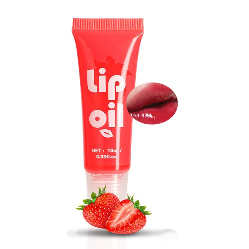 Strawberry Lip Oil, Glossy Lip Gloss, Fruity Flavors Lip Balm Hydrating Lip Glow Oil, No-sticky Gloss Lip Balm Lip Care, Lip Plumper Gloss, Longlasting Moisturizing Lip Oil, 02 Strawberry