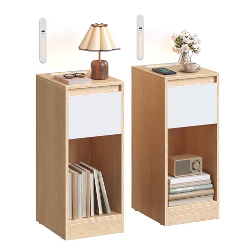 VASAGLE Lot de 2, Table de Chevet Étroite, Table d’Appoint, avec Éclairage LED, 1 Port USB-A, 1 Port USB-C, Tiroirs et Compartiments Ouverts, pour Chambre,...