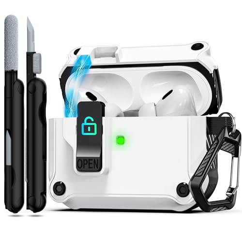 Custodia Compatibile con AirPods Pro 2 con Clip di Blocco di Sicurezza Pop-up Automatica Protettiva Rigida Antiurto per Tutto il Corpo bianco
