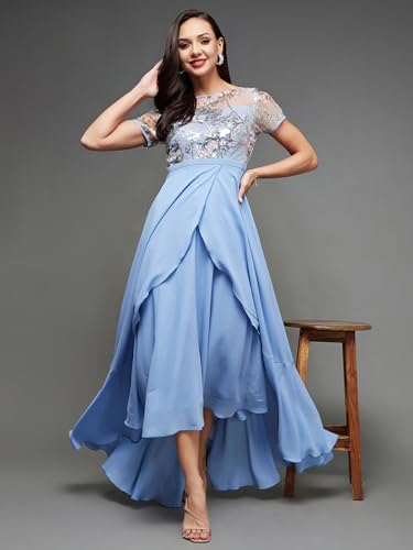 Image of Miss Chase Women's Round Neck Sleeve Embellished Fit Flare Maxi Dress