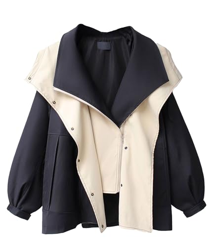 SOMTHRON Women's Hooded Trench Coat Lightweight Lapel Button Down Jacket Color Block Mid-Length Windbreaker BL-XL